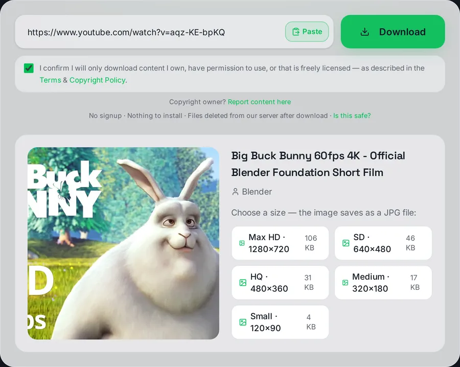 The thumbnail grabber showing five available image sizes from 1280x720 down to 120x90, each with its real file size in kilobytes.
