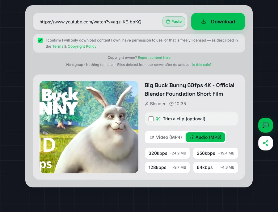 The converter with a YouTube link loaded, showing the four MP3 bitrate options (320kbps, 256kbps, 128kbps and 64kbps) each with an estimated file size for the track.